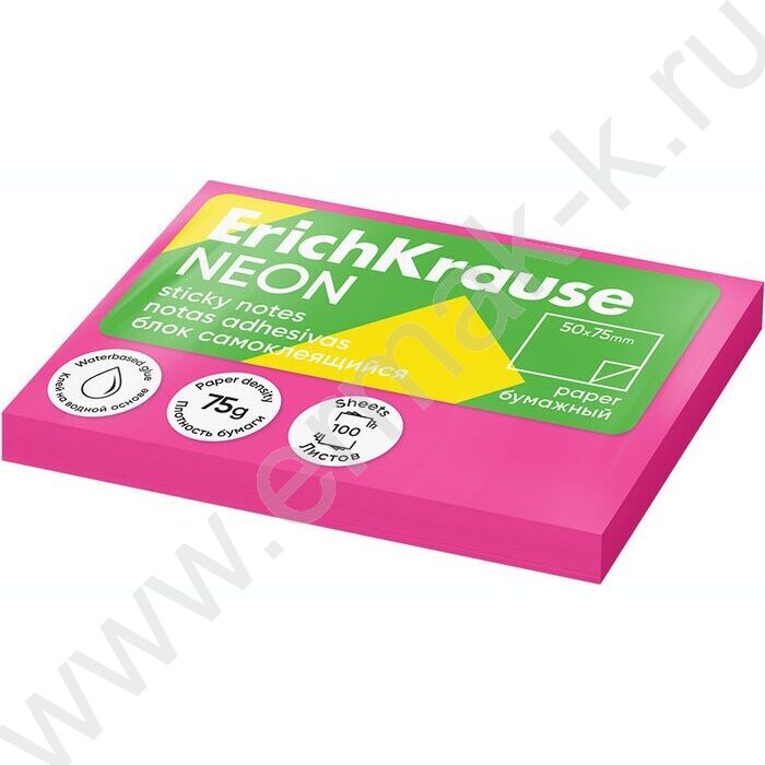Бумага д/записей   75*50мм /100л, 75г/м², Neon розовый с липким краем | Фото 1
