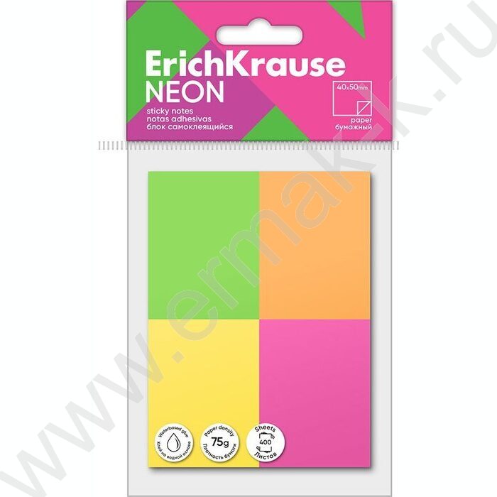 Бумага д/записей   40*50мм /400л, 75г/м², Neon 4цв. с липким краем | Фото 1