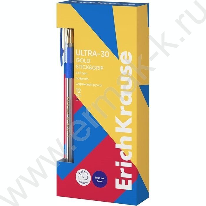 Ручка шар ULTRA-30 Gold Stick&Grip Classic 0,7мм, синяя /корпус-прозрачный, резиновый синий грип | Фото 2