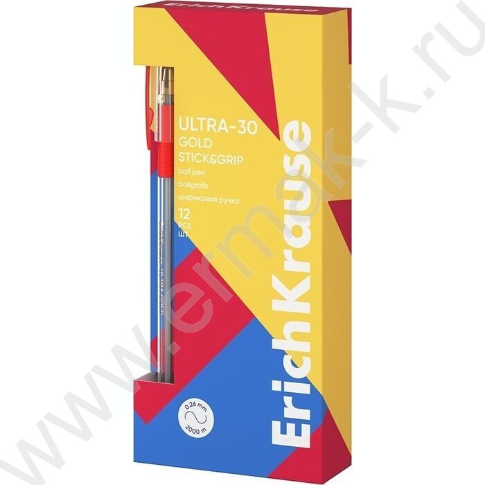 Ручка шар ULTRA-30 Gold Stick&Grip Classic 0,7мм, красная /корпус-прозрачный, резиновый красный  | Фото 2