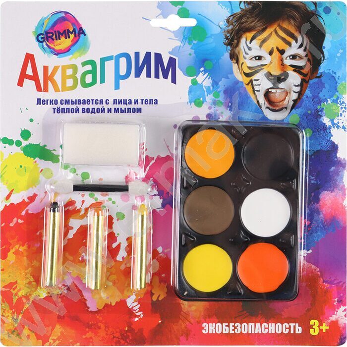 Набор аквагрима для детей 6 цветов, карандаш 3шт, спонж 1шт, аппликатор 1шт | Фото 3