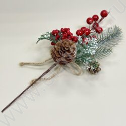 Новогодний сувенир "Ветка заснеженная с красной ягодой, шишки"  30см NEW | Фото 2