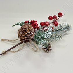 Новогодний сувенир "Ветка заснеженная с красной ягодой, шишки"  30см NEW | Фото 3
