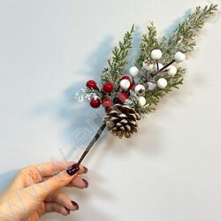 Новогодний сувенир "Ветка заснеженная с красной и белой ягодой"  30см NEW | Фото 8