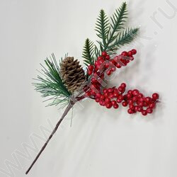 Новогодний сувенир "Ветка заснеженная с красной ягодой и шишкой"  23см NEW | Фото 1