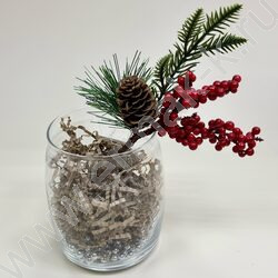 Новогодний сувенир "Ветка заснеженная с красной ягодой и шишкой"  23см NEW | Фото 3