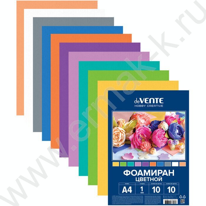 Фоамиран цветной А4 10л/10цв 1мм пл.пакет с европодвесом, пастельные цвета | Фото 1