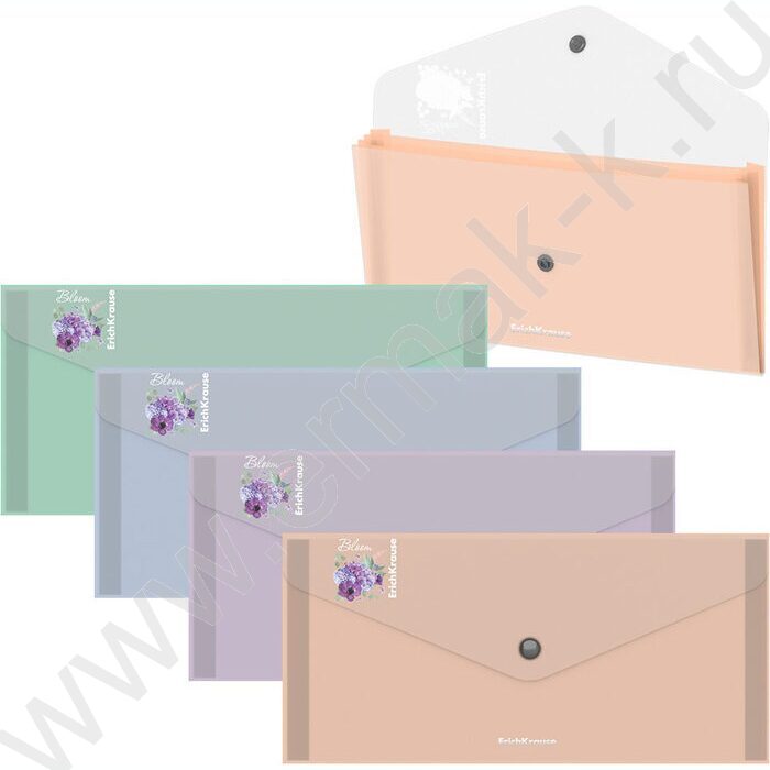 Папка-конверт на кнопке Travel, Matt Pastel Bloom, с 3 цветными отделениями /ассорти | Фото 1