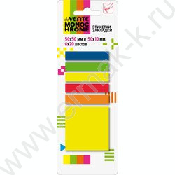 Набор самокл. этикеток-закладок MonoChrome 50*50мм,50*10мм /20л*6цв пластик полупр. 6неон цветов | Фото 1