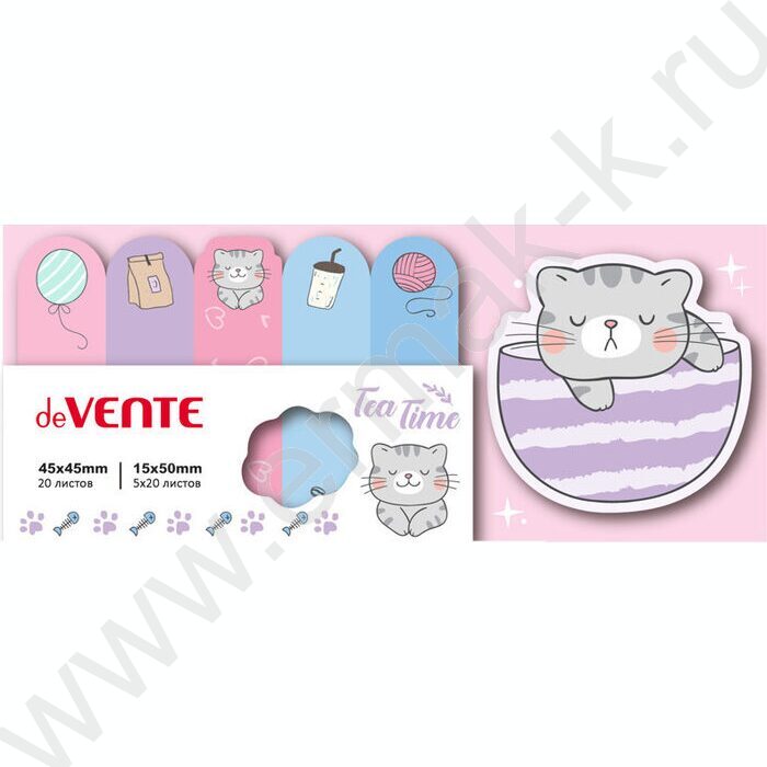 Набор самокл. этикеток-закладок Grey cat 45*45мм и 15*50мм 20 листов, ассорти форм, 6 дизайнов | Фото 1