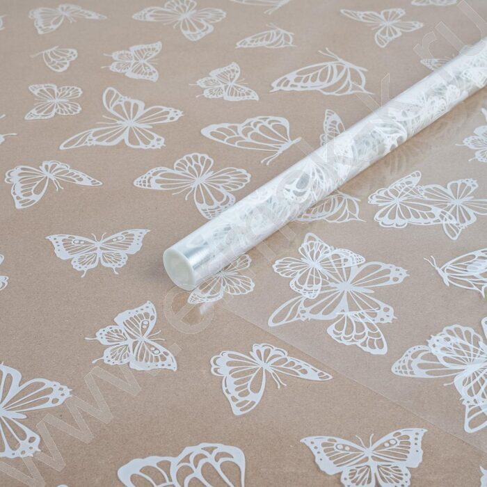 Пленка упаковочная 0,7*7,5м 40мкм 200гр прозрачная с рисунком "Бабочки" Белый | Фото 1