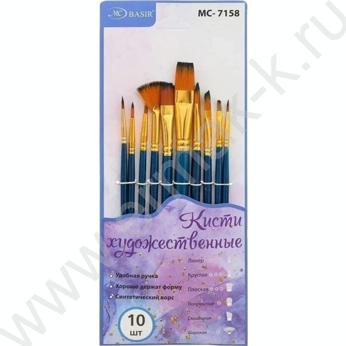 Кисть набор 10шт /нейлон линер,широкие,скошенные,круглые и плоские  №1,3,5,6,8,12,6,2, 2,0/древк | Фото 2