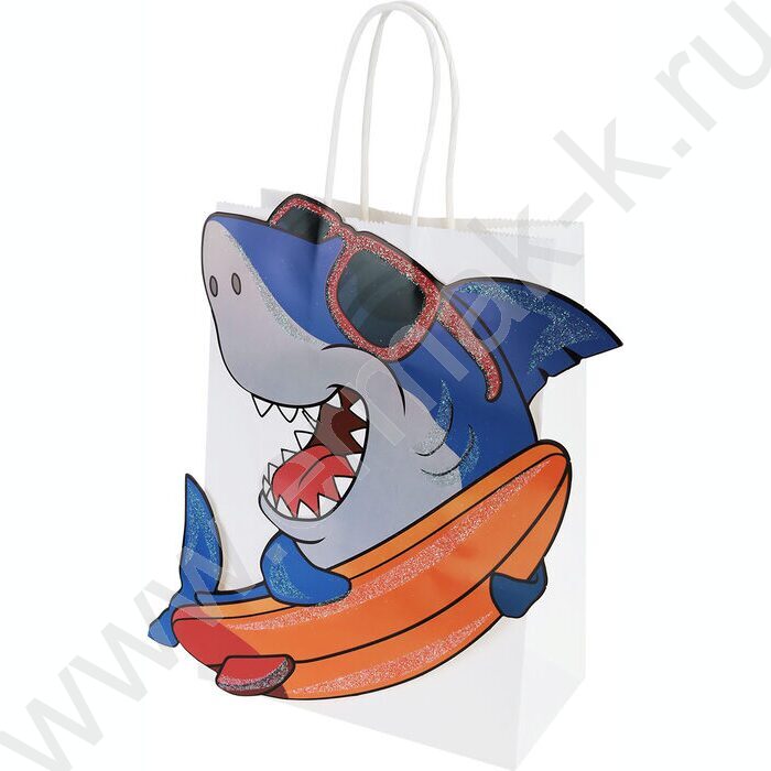 Пакет подарочный глит. и 3D элементом 210гр 18*23*10см (M) Веселая акула | Фото 1