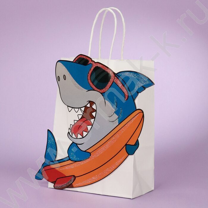 Пакет подарочный глит. и 3D элементом 210гр 18*23*10см (M) Веселая акула | Фото 6