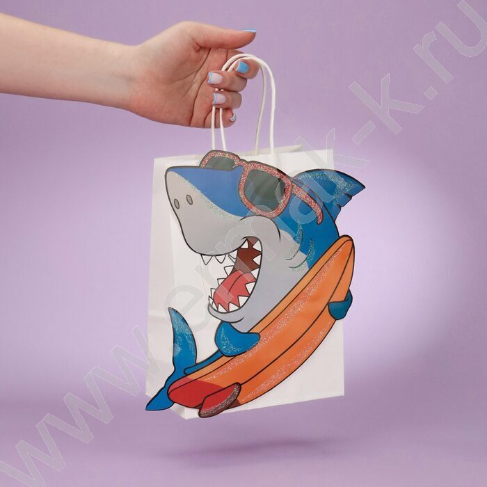 Пакет подарочный глит. и 3D элементом 210гр 18*23*10см (M) Веселая акула | Фото 7