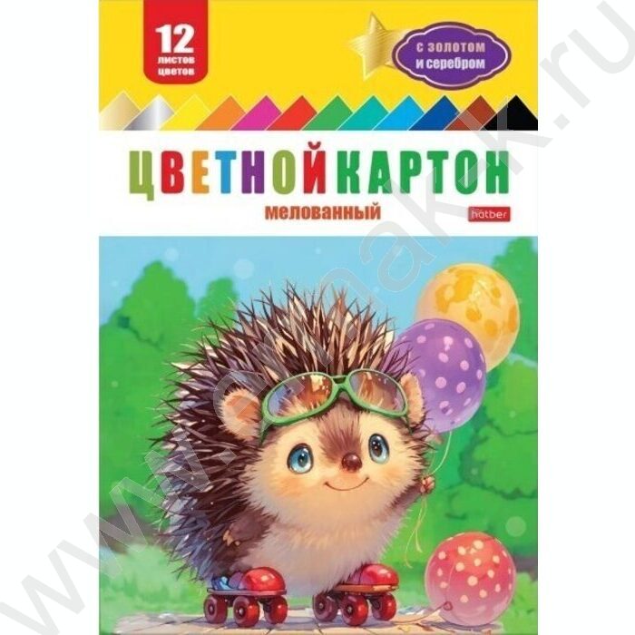 Картон цв. мелов. А4 12л/12цв Ежик на роликах /с золотом и серебром | Фото 1