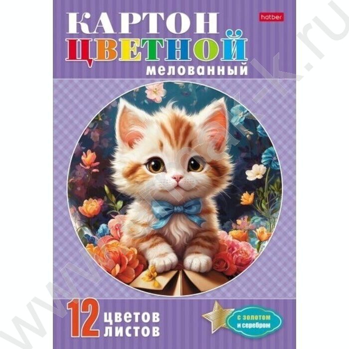 Картон цв. мелов. на клею А4 12л/12цв Котик с бантиком /с золотом и серебром | Фото 1