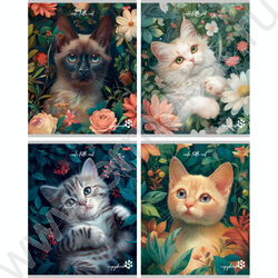 Тетрадь  96л клетка "Коты в цветах" ассорти | Фото 1