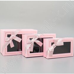 Коробка подарочная 3в1 прямоугольник с бантом, окном, розовый 23x16x9,5 / 21х14х8 / 19х12х6,5см | Фото 1