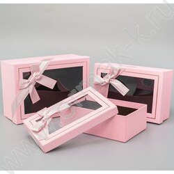 Коробка подарочная 3в1 прямоугольник с бантом, окном, розовый 23x16x9,5 / 21х14х8 / 19х12х6,5см | Фото 2