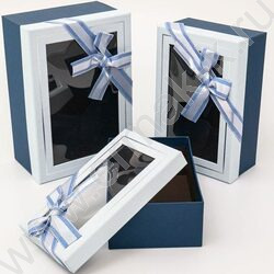 Коробка подарочная 3в1 прямоугольник с бантом, окном, синий 23x16x9,5 / 21х14х8 / 19х12х6,5см | Фото 1