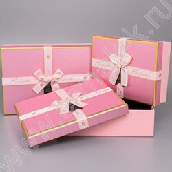 Коробка подарочная 3в1 прямоугольник с бантом, розовый с золотом 29х21х9,5 / 26х19х8 / 23х17х6,5 | Фото 1