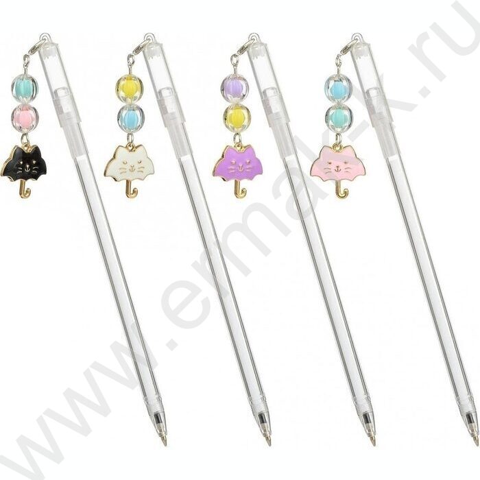 Ручка шар синяя Зонт кот/прозрачный пл.корпус, колпачок со съёмным брелоком-бусинки с фигуркой | Фото 1