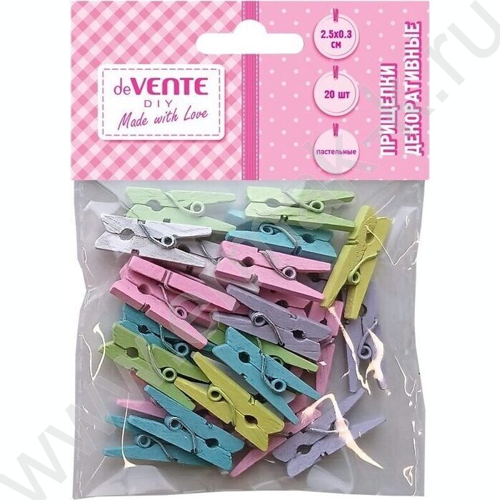 Прищепки декоративные "DIY Natural Wood" 2,5*0,3см  20шт пастельные цвета ассорти, дерево /блист | Фото 1