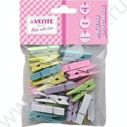 Прищепки декоративные "DIY Natural Wood" 3,5*0,7см  12шт пастельные цвета ассорти, дерево /блист NEW | Фото 1