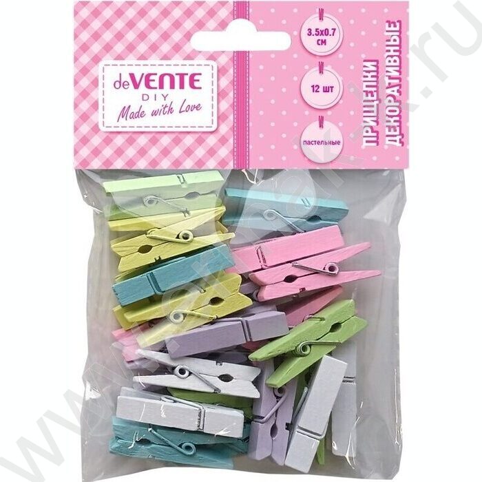 Прищепки декоративные "DIY Natural Wood" 3,5*0,7см  12шт пастельные цвета ассорти, дерево /блист | Фото 1