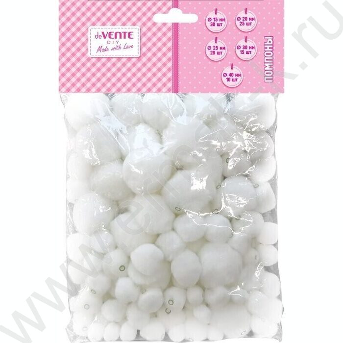 Помпоны "DIY" 100шт ассорти размеров, цвет белый, европодвес | Фото 1