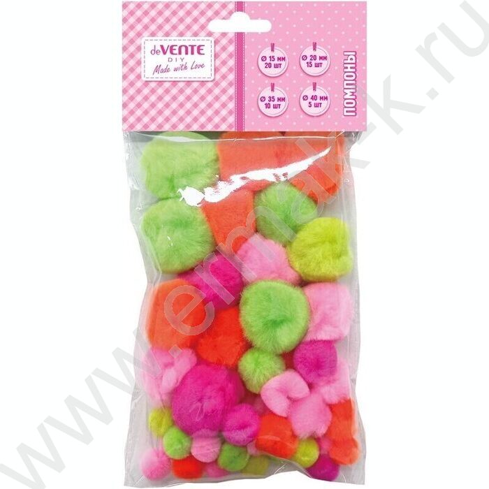 Помпоны "DIY"  50шт ассорти размеров, неоновые цвета ассорти, европодвес | Фото 1