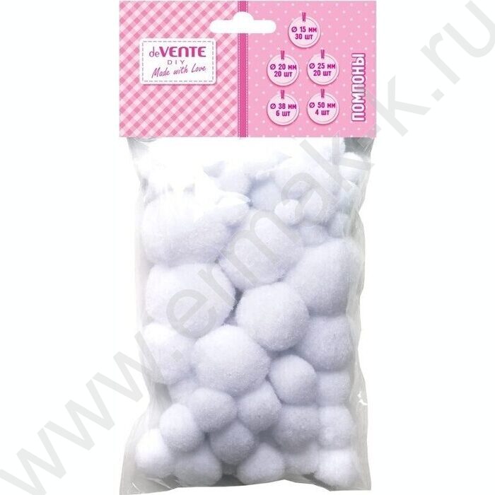 Помпоны "DIY"  80шт ассорти размеров, цвета - белый, европодвес | Фото 1