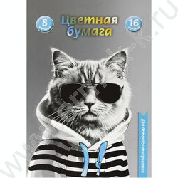 Бумага цв. двухсторонняя газетная А4 16л/ 8цв Кот в худи | Фото 1
