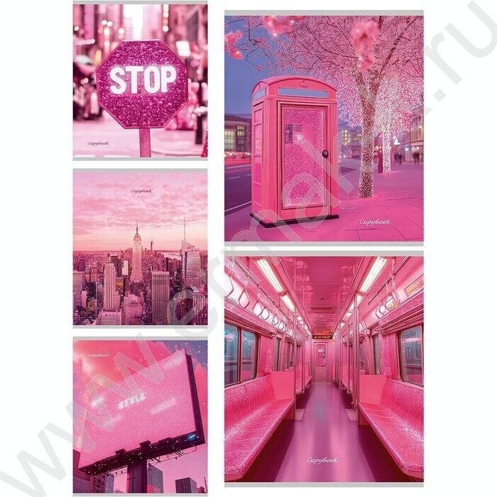 Тетрадь  48л клетка "Город в розовом цвете" /глиттер/ ассорти | Фото 1