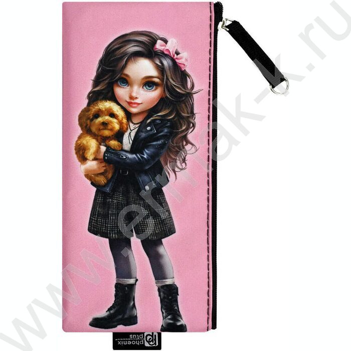 Пенал школьный микрофибра на ПВХ-основе молния "Брюнетка с собачкой" | Фото 1