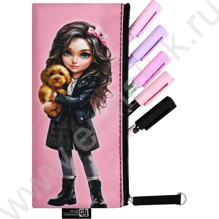 Пенал школьный микрофибра на ПВХ-основе молния "Брюнетка с собачкой" | Фото 4