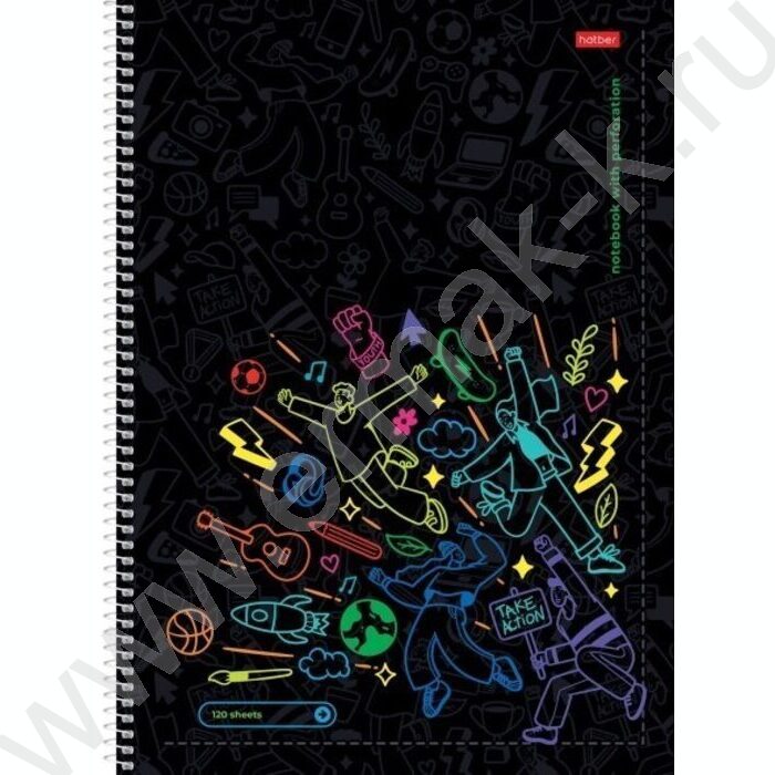 Тетрадь 120л А4 клетка/спираль/тв.обл./4цв.раздел.,многоуров.перфорация "Take action" глянц. лам | Фото 1