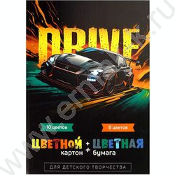 Картон цв+бум.цв А4 26л 10цв/ 8цв "Драйв" блок - газетная бумага, мелованный картон с | Фото 1