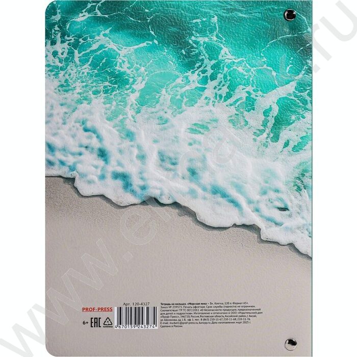 Тетрадь 120л клетка/кольца/интегр. обл./перфорация "Морская пена-3" /мат. лам.,холст/ | Фото 4