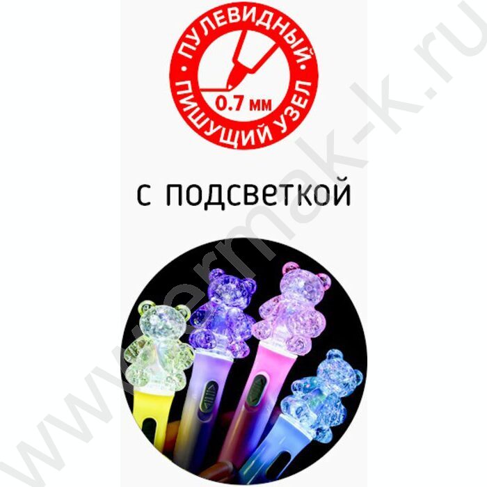 Ручка шар 0,7мм синяя Мишки /корпус пл.,с подсветкой ассорти,сменный стержень 100 мм | Фото 2