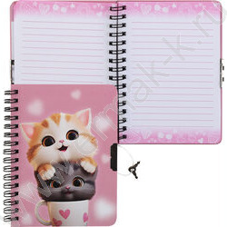 Зап. книжка  60л А6 тв.обл. спираль "Cute cats" на замке,линия,мат.лам.,выб.лак,,блёстки NEW | Фото 1