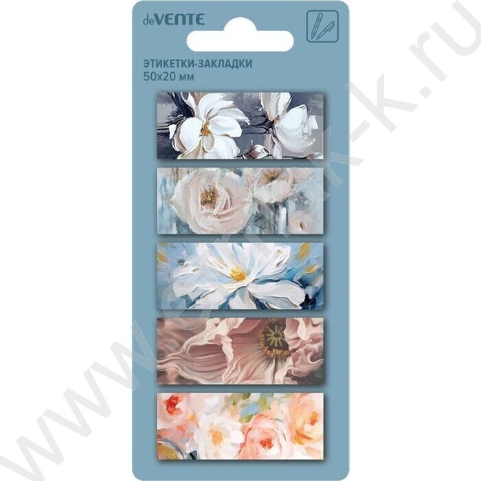 Набор самокл. этикеток-закладок Flowers 50*20мм и 5*20мм / 5 дизайнов. пластик полупр. | Фото 1