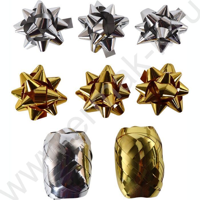 Набор для оформления подарков Золото и серебро матовый 6 бантов + 2 ленты 5мм*10м | Фото 1