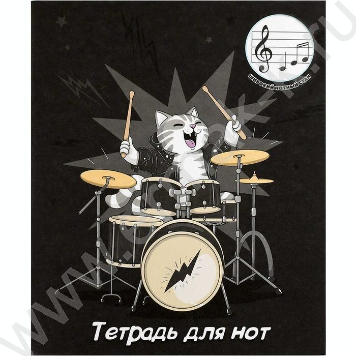 Тетрадь для нот 24л А5+ мл.классы "Кот-барабанщик" расширенный нотный стан | Фото 1