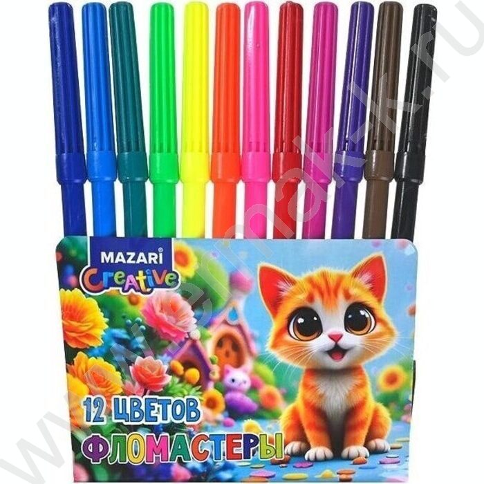 Фломастеры  12цв Котик вентилируемый колпачок,корпус круглый, ПВХ- упаковка с европодвесом | Фото 1