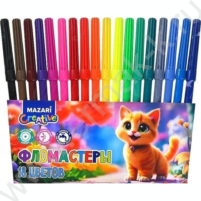 Фломастеры  18цв Котик вентилируемый колпачок,корпус круглый, ПВХ- упаковка с европодвесом | Фото 1