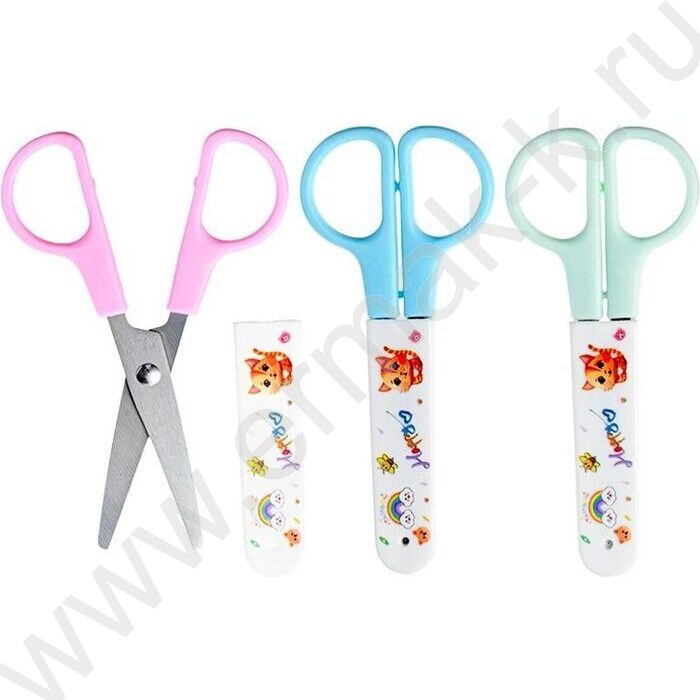 Ножницы 12см детские Cat лезвия из нержавеющей стали, с защитным футляром, пластиковые ручки, ас | Фото 1