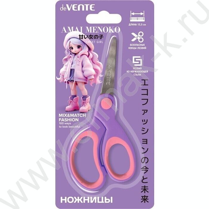 Ножницы 13,5см детские "Amai Menoko" /с закругл. кончиками лезвий /прорезин.колца /блистер | Фото 1