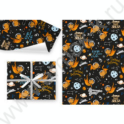 Бумага упаковочная глянцевая 100см*70см Коты-космонавты/80гр/м2 NEW | Фото 1